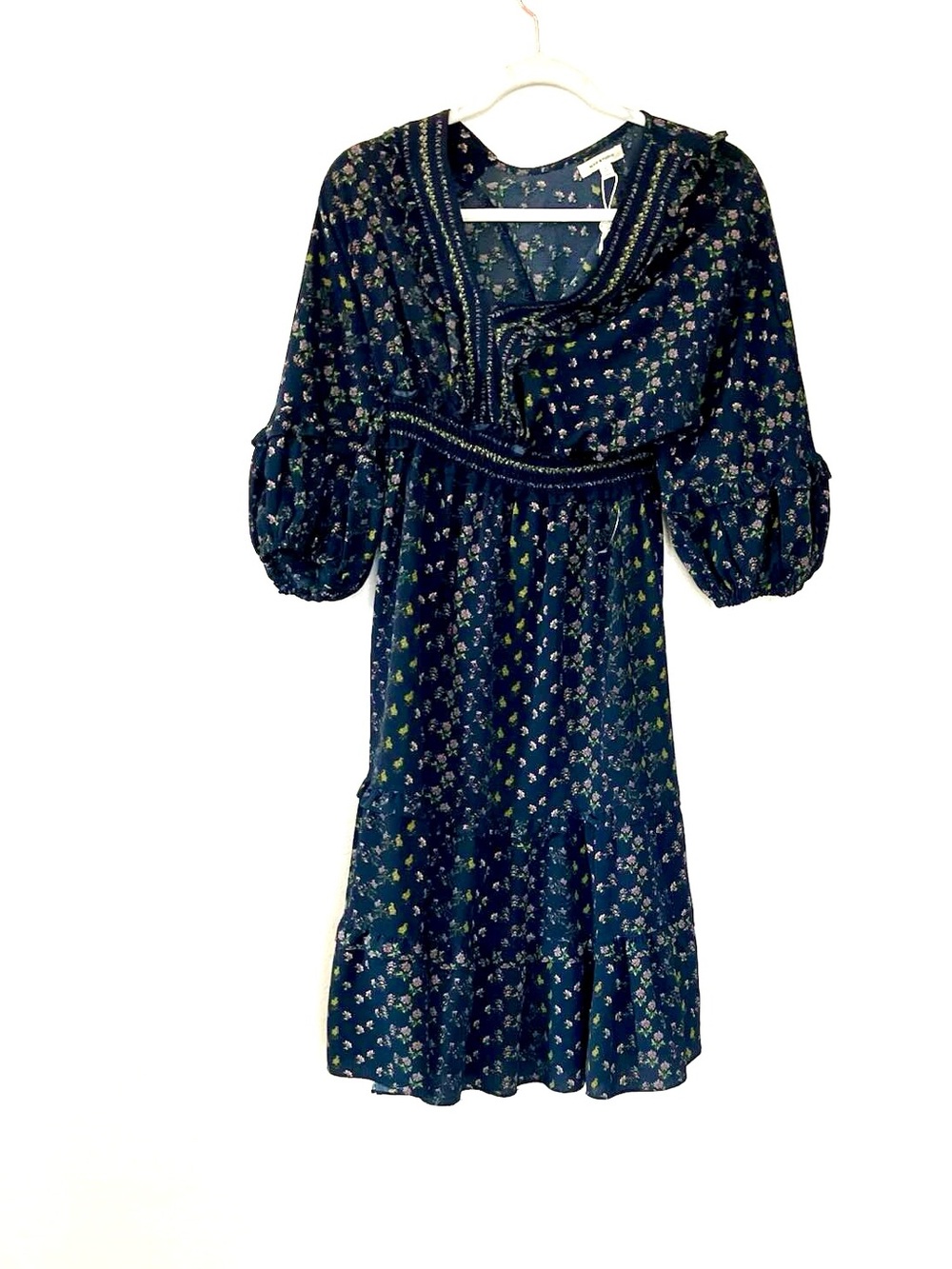 MAX STUDIO BLUE PUFF SLEEVE SMOCKED MIDI EMPIRE WAIST DRESS L $138 - Picture 2 of 9